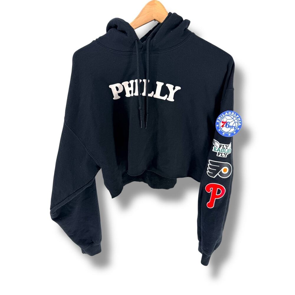 Philly Sports Patch Hoodie L Cropped DIY Eagles 76ers Flyers Phillies Black OOAK